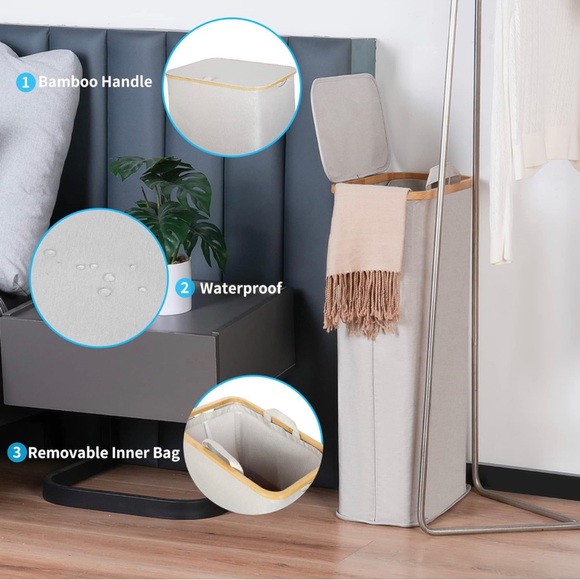 🔥🔥Hot Pick New Slim Laundry Hamper with Lid, with Removable Bag  63L /Beige - Picture 4 of 12